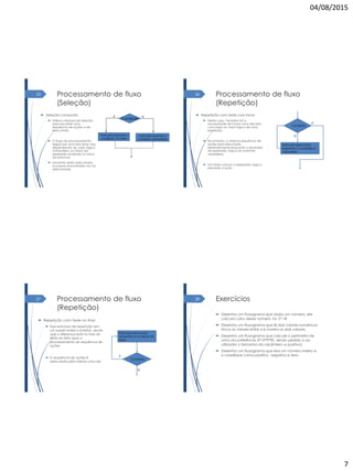 04/08/2015
7
Processamento de fluxo
(Seleção)
 Seleção composta
 Utiliza o símbolo de seleção
para escolher uma
sequência de ações a ser
executada
 O fluxo de processamento
segue por uma das duas vias,
dependendo do valor lógico
(verdadeiro ou falso) da
expressão avaliada no início
da estrutura
 Somente serão executados
os passos encontrados na via
selecionada
VF
Instrução quando a
condição verdadeira
Condição
Instrução quando a
condição for falsa
25 Processamento de fluxo
(Repetição)
 Repetição com teste com inicio
 Neste caso, também há a
necessidade de tomar uma decisão
com base no valor lógico de uma
expressão
 No entanto, a mesma sequência de
ações será executada
repetidamente enquanto o resultado
da expressão lógica se mantiver
verdadeiro
 Um teste comum a expressão lógica
precede a ação
Instrução executada
enquanto a condição é
verdadeira
Condição
V
F
26
Processamento de fluxo
(Repetição)
 Repetição com Teste no final
 Essa estrutura de repetição tem
um papel similar a anterior, sendo
que a diferença está no fato do
teste ser feito após o
processamento da sequência de
ações
 A sequência de ações é
executada pelo menos uma vez
Instrução executada
enquanto a condição for
falsa
Condição
F
V
27 Exercícios
 Desenha um fluxograma que dado um número, ele
calcula cubo desse número. Ex: 23 =8
 Desenha um fluxograma que lê dois valores numéricos
troca os valores entre si e mostra os dois valores.
 Desenha um fluxograma que calcule o perímetro de
uma circunferência (P=2*PI*R), sendo pedido o ao
utilizador o tamanho do raio(inteiro e positivo).
 Desenha um fluxograma que leia um número inteiro e
o classifique como positivo, negativo e zero.
28
 