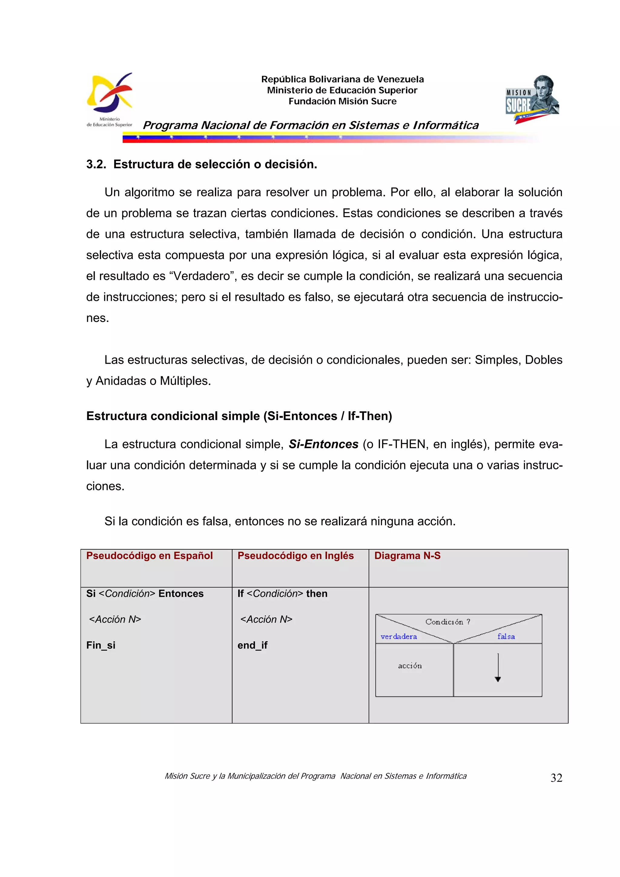 República Bolivariana de Venezuela
Ministerio de Educación Superior
Fundación Misión Sucre
Programa Nacional de Formación en Sistemas e Informática
Misión Sucre y la Municipalización del Programa Nacional en Sistemas e Informática 32
3.2. Estructura de selección o decisión.
Un algoritmo se realiza para resolver un problema. Por ello, al elaborar la solución
de un problema se trazan ciertas condiciones. Estas condiciones se describen a través
de una estructura selectiva, también llamada de decisión o condición. Una estructura
selectiva esta compuesta por una expresión lógica, si al evaluar esta expresión lógica,
el resultado es “Verdadero”, es decir se cumple la condición, se realizará una secuencia
de instrucciones; pero si el resultado es falso, se ejecutará otra secuencia de instruccio-
nes.
Las estructuras selectivas, de decisión o condicionales, pueden ser: Simples, Dobles
y Anidadas o Múltiples.
Estructura condicional simple (Si-Entonces / If-Then)
La estructura condicional simple, Si-Entonces (o IF-THEN, en inglés), permite eva-
luar una condición determinada y si se cumple la condición ejecuta una o varias instruc-
ciones.
Si la condición es falsa, entonces no se realizará ninguna acción.
Pseudocódigo en Español Pseudocódigo en Inglés Diagrama N-S
Si <Condición> Entonces
<Acción N>
Fin_si
If <Condición> then
<Acción N>
end_if
 