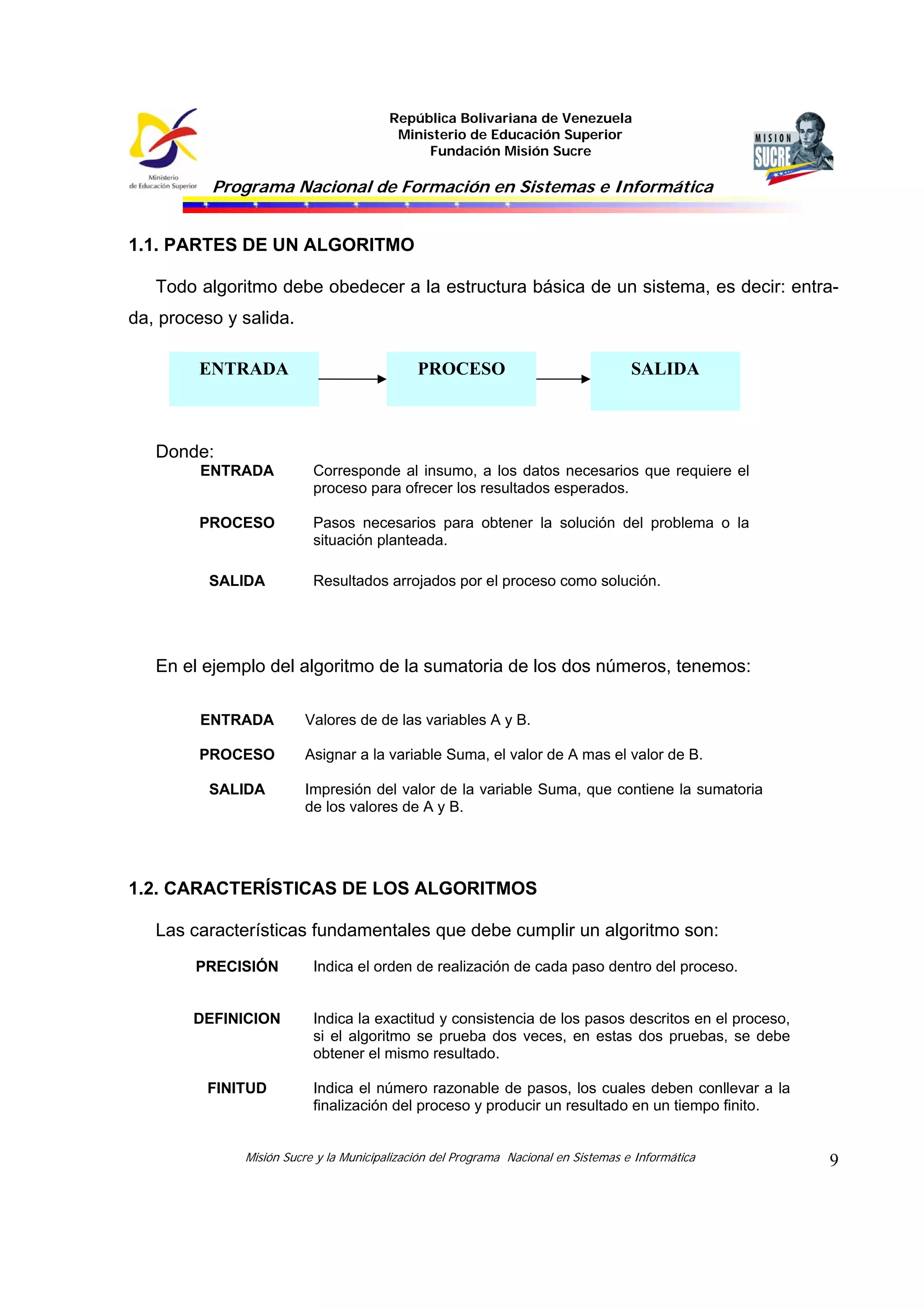 República Bolivariana de Venezuela
Ministerio de Educación Superior
Fundación Misión Sucre
Programa Nacional de Formación en Sistemas e Informática
Misión Sucre y la Municipalización del Programa Nacional en Sistemas e Informática 9
1.1. PARTES DE UN ALGORITMO
Todo algoritmo debe obedecer a la estructura básica de un sistema, es decir: entra-
da, proceso y salida.
Donde:
ENTRADA Corresponde al insumo, a los datos necesarios que requiere el
proceso para ofrecer los resultados esperados.
PROCESO Pasos necesarios para obtener la solución del problema o la
situación planteada.
SALIDA Resultados arrojados por el proceso como solución.
En el ejemplo del algoritmo de la sumatoria de los dos números, tenemos:
ENTRADA Valores de de las variables A y B.
PROCESO Asignar a la variable Suma, el valor de A mas el valor de B.
SALIDA Impresión del valor de la variable Suma, que contiene la sumatoria
de los valores de A y B.
1.2. CARACTERÍSTICAS DE LOS ALGORITMOS
Las características fundamentales que debe cumplir un algoritmo son:
PRECISIÓN Indica el orden de realización de cada paso dentro del proceso.
DEFINICION Indica la exactitud y consistencia de los pasos descritos en el proceso,
si el algoritmo se prueba dos veces, en estas dos pruebas, se debe
obtener el mismo resultado.
FINITUD Indica el número razonable de pasos, los cuales deben conllevar a la
finalización del proceso y producir un resultado en un tiempo finito.
ENTRADA PROCESO SALIDA
 