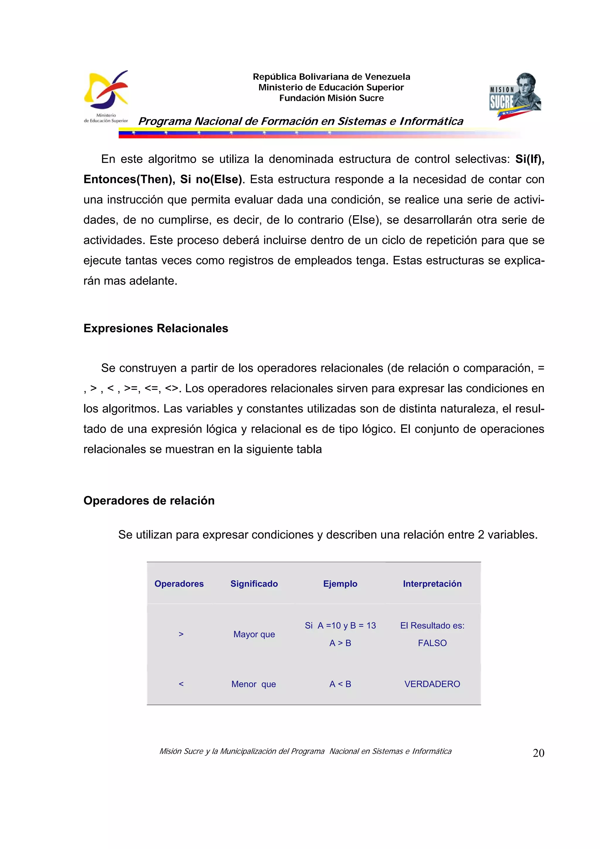 República Bolivariana de Venezuela
Ministerio de Educación Superior
Fundación Misión Sucre

Programa Nacional de Formación en Sistemas e Informática

En este algoritmo se utiliza la denominada estructura de control selectivas: Si(If),
Entonces(Then), Si no(Else). Esta estructura responde a la necesidad de contar con
una instrucción que permita evaluar dada una condición, se realice una serie de actividades, de no cumplirse, es decir, de lo contrario (Else), se desarrollarán otra serie de
actividades. Este proceso deberá incluirse dentro de un ciclo de repetición para que se
ejecute tantas veces como registros de empleados tenga. Estas estructuras se explicarán mas adelante.

Expresiones Relacionales
Se construyen a partir de los operadores relacionales (de relación o comparación, =
, > , < , >=, <=, <>. Los operadores relacionales sirven para expresar las condiciones en
los algoritmos. Las variables y constantes utilizadas son de distinta naturaleza, el resultado de una expresión lógica y relacional es de tipo lógico. El conjunto de operaciones
relacionales se muestran en la siguiente tabla

Operadores de relación
Se utilizan para expresar condiciones y describen una relación entre 2 variables.

Operadores

Significado

>

Mayor que

El Resultado es:

A>B

Menor que

Interpretación

Si A =10 y B = 13

<

Ejemplo

FALSO

A<B

VERDADERO

Misión Sucre y la Municipalización del Programa Nacional en Sistemas e Informática

20

 