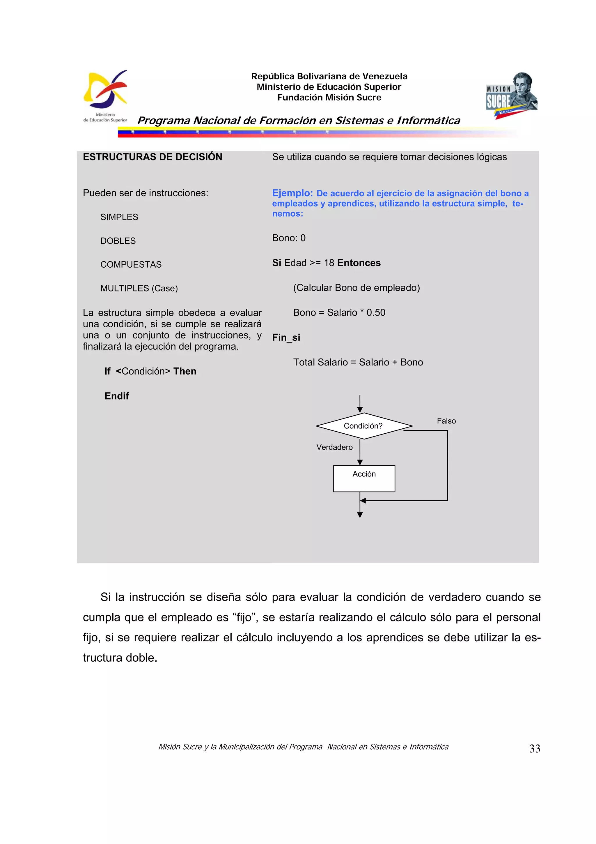 República Bolivariana de Venezuela
Ministerio de Educación Superior
Fundación Misión Sucre

Programa Nacional de Formación en Sistemas e Informática
ESTRUCTURAS DE DECISIÓN

Se utiliza cuando se requiere tomar decisiones lógicas

Pueden ser de instrucciones:

Ejemplo: De acuerdo al ejercicio de la asignación del bono a

SIMPLES

empleados y aprendices, utilizando la estructura simple, tenemos:

DOBLES

Bono: 0

COMPUESTAS

Si Edad >= 18 Entonces

MULTIPLES (Case)

La estructura simple obedece a evaluar
una condición, si se cumple se realizará
una o un conjunto de instrucciones, y
finalizará la ejecución del programa.
If <Condición> Then

(Calcular Bono de empleado)
Bono = Salario * 0.50
Fin_si
Total Salario = Salario + Bono

Endif
Condición?

Falso

Verdadero

Acción

Si la instrucción se diseña sólo para evaluar la condición de verdadero cuando se
cumpla que el empleado es “fijo”, se estaría realizando el cálculo sólo para el personal
fijo, si se requiere realizar el cálculo incluyendo a los aprendices se debe utilizar la estructura doble.

Misión Sucre y la Municipalización del Programa Nacional en Sistemas e Informática

33

 