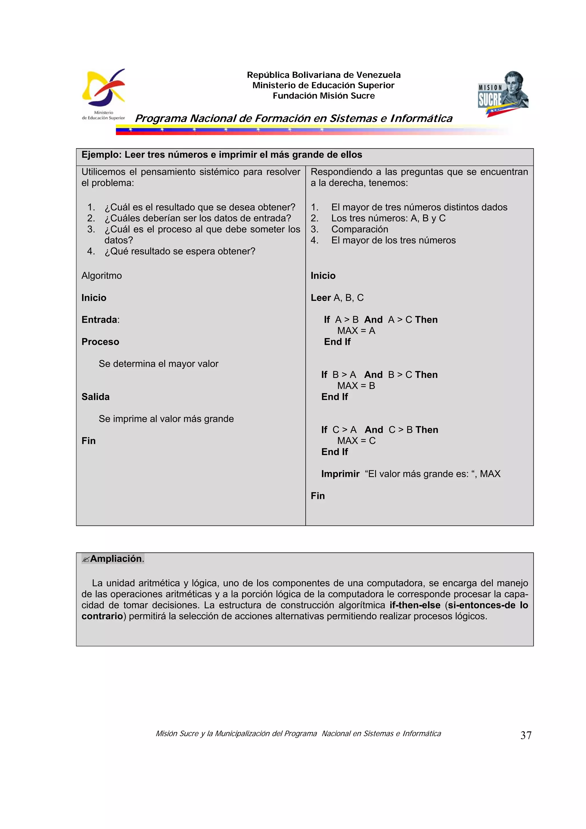 República Bolivariana de Venezuela
Ministerio de Educación Superior
Fundación Misión Sucre

Programa Nacional de Formación en Sistemas e Informática
Ejemplo: Leer tres números e imprimir el más grande de ellos
Utilicemos el pensamiento sistémico para resolver
el problema:
1. ¿Cuál es el resultado que se desea obtener?
2. ¿Cuáles deberían ser los datos de entrada?
3. ¿Cuál es el proceso al que debe someter los
datos?
4. ¿Qué resultado se espera obtener?

Respondiendo a las preguntas que se encuentran
a la derecha, tenemos:
1.
2.
3.
4.

El mayor de tres números distintos dados
Los tres números: A, B y C
Comparación
El mayor de los tres números

Algoritmo

Inicio

Inicio

Leer A, B, C

Entrada:

If A > B And A > C Then
MAX = A
End If

Proceso
Se determina el mayor valor

If B > A And B > C Then
MAX = B
End If

Salida
Se imprime al valor más grande
Fin

If C > A And C > B Then
MAX = C
End If
Imprimir “El valor más grande es: “, MAX
Fin

Ampliación.
La unidad aritmética y lógica, uno de los componentes de una computadora, se encarga del manejo
de las operaciones aritméticas y a la porción lógica de la computadora le corresponde procesar la capacidad de tomar decisiones. La estructura de construcción algorítmica if-then-else (si-entonces-de lo
contrario) permitirá la selección de acciones alternativas permitiendo realizar procesos lógicos.

Misión Sucre y la Municipalización del Programa Nacional en Sistemas e Informática

37

 