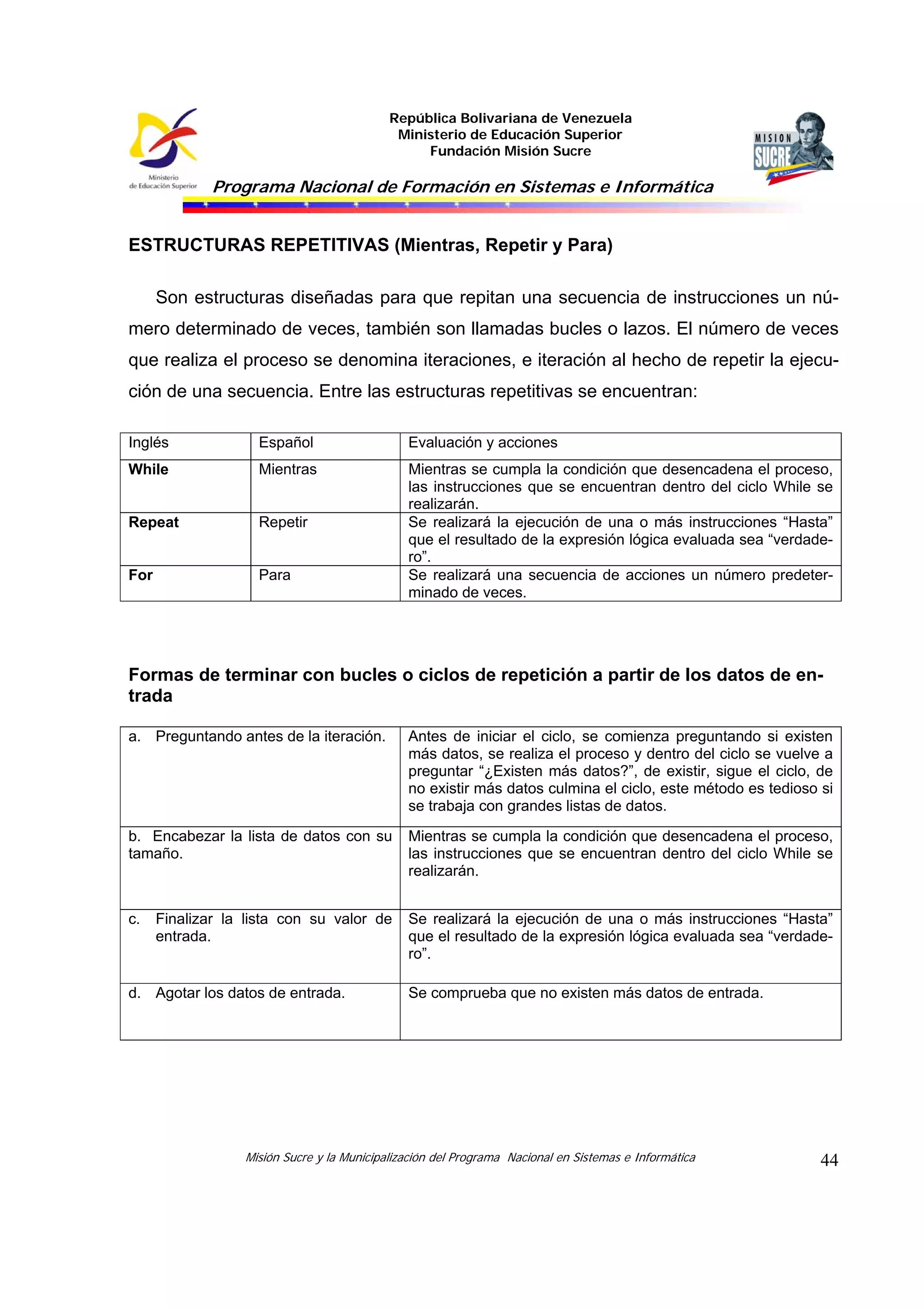 República Bolivariana de Venezuela
Ministerio de Educación Superior
Fundación Misión Sucre

Programa Nacional de Formación en Sistemas e Informática

ESTRUCTURAS REPETITIVAS (Mientras, Repetir y Para)
Son estructuras diseñadas para que repitan una secuencia de instrucciones un número determinado de veces, también son llamadas bucles o lazos. El número de veces
que realiza el proceso se denomina iteraciones, e iteración al hecho de repetir la ejecución de una secuencia. Entre las estructuras repetitivas se encuentran:
Inglés

Español

Evaluación y acciones

While

Mientras

Repeat

Repetir

For

Para

Mientras se cumpla la condición que desencadena el proceso,
las instrucciones que se encuentran dentro del ciclo While se
realizarán.
Se realizará la ejecución de una o más instrucciones “Hasta”
que el resultado de la expresión lógica evaluada sea “verdadero”.
Se realizará una secuencia de acciones un número predeterminado de veces.

Formas de terminar con bucles o ciclos de repetición a partir de los datos de entrada
a. Preguntando antes de la iteración.

Antes de iniciar el ciclo, se comienza preguntando si existen
más datos, se realiza el proceso y dentro del ciclo se vuelve a
preguntar “¿Existen más datos?”, de existir, sigue el ciclo, de
no existir más datos culmina el ciclo, este método es tedioso si
se trabaja con grandes listas de datos.

b. Encabezar la lista de datos con su
tamaño.

Mientras se cumpla la condición que desencadena el proceso,
las instrucciones que se encuentran dentro del ciclo While se
realizarán.

c.

Se realizará la ejecución de una o más instrucciones “Hasta”
que el resultado de la expresión lógica evaluada sea “verdadero”.

Finalizar la lista con su valor de
entrada.

d. Agotar los datos de entrada.

Se comprueba que no existen más datos de entrada.

Misión Sucre y la Municipalización del Programa Nacional en Sistemas e Informática

44

 