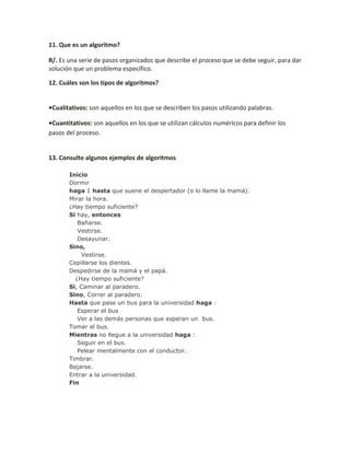 11. Que es un algoritmo?

R/. Es una serie de pasos organizados que describe el proceso que se debe seguir, para dar
solución que un problema específico.

12. Cuáles son los tipos de algoritmos?


•Cualitativos: son aquellos en los que se describen los pasos utilizando palabras.

•Cuantitativos: son aquellos en los que se utilizan cálculos numéricos para definir los
pasos del proceso.


13. Consulte algunos ejemplos de algoritmos

       Inicio
       Dormir
       haga 1 hasta que suene el despertador (o lo llame la mamá).
       Mirar la hora.
       ¿Hay tiempo suficiente?
       Si hay, entonces
          Bañarse.
          Vestirse.
          Desayunar.
       Sino,
           Vestirse.
       Cepillarse los dientes.
       Despedirse de la mamá y el papá.
         ¿Hay tiempo suficiente?
       Si, Caminar al paradero.
       Sino, Correr al paradero.
       Hasta que pase un bus para la universidad haga :
          Esperar el bus
          Ver a las demás personas que esperan un bus.
       Tomar el bus.
       Mientras no llegue a la universidad haga :
          Seguir en el bus.
          Pelear mentalmente con el conductor.
       Timbrar.
       Bajarse.
       Entrar a la universidad.
       Fin
 
