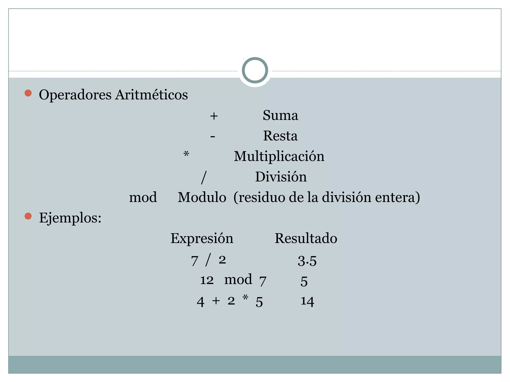  Operadores Aritméticos
+ Suma
- Resta
* Multiplicación
/ División
mod Modulo (residuo de la división entera)
 Ejemplos:
Expresión Resultado
7 / 2 3.5
12 mod 7 5
4 + 2 * 5 14
 