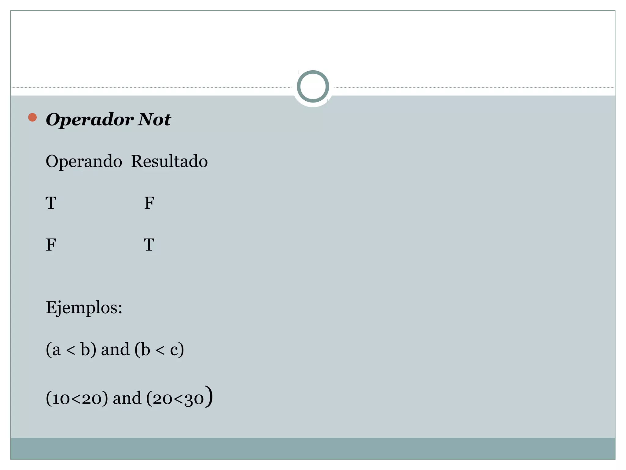  Operador Not
Operando Resultado
T F
F T
Ejemplos:
(a < b) and (b < c)
(10<20) and (20<30)
 