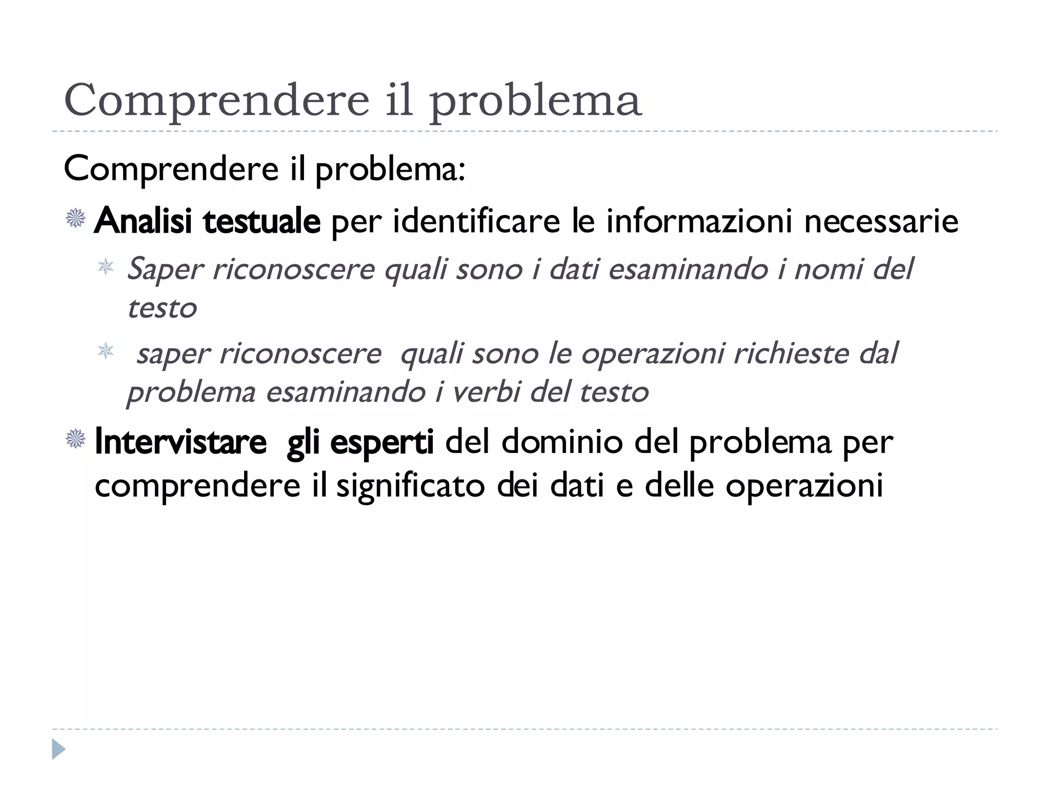 Comprendere il problema Comprendere il problema: Analisi testuale  per identificare le informazioni necessarie  Saper riconoscere quali sono i dati esaminando i nomi del testo saper riconoscere  quali sono le operazioni richieste dal problema esaminando i verbi del testo Intervistare  gli esperti  del dominio del problema per comprendere il significato dei dati e delle operazioni  