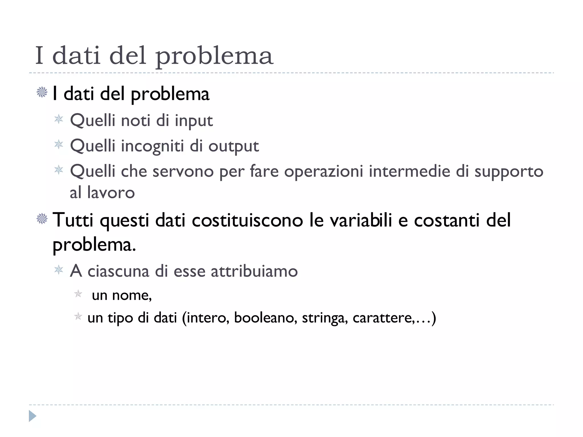 I dati del problema I dati del problema  Quelli noti di input Quelli incogniti di output Quelli che servono per fare operazioni intermedie di supporto al lavoro Tutti questi dati costituiscono le variabili e costanti del problema. A ciascuna di esse attribuiamo un nome,  un tipo di dati (intero, booleano, stringa, carattere,…) 