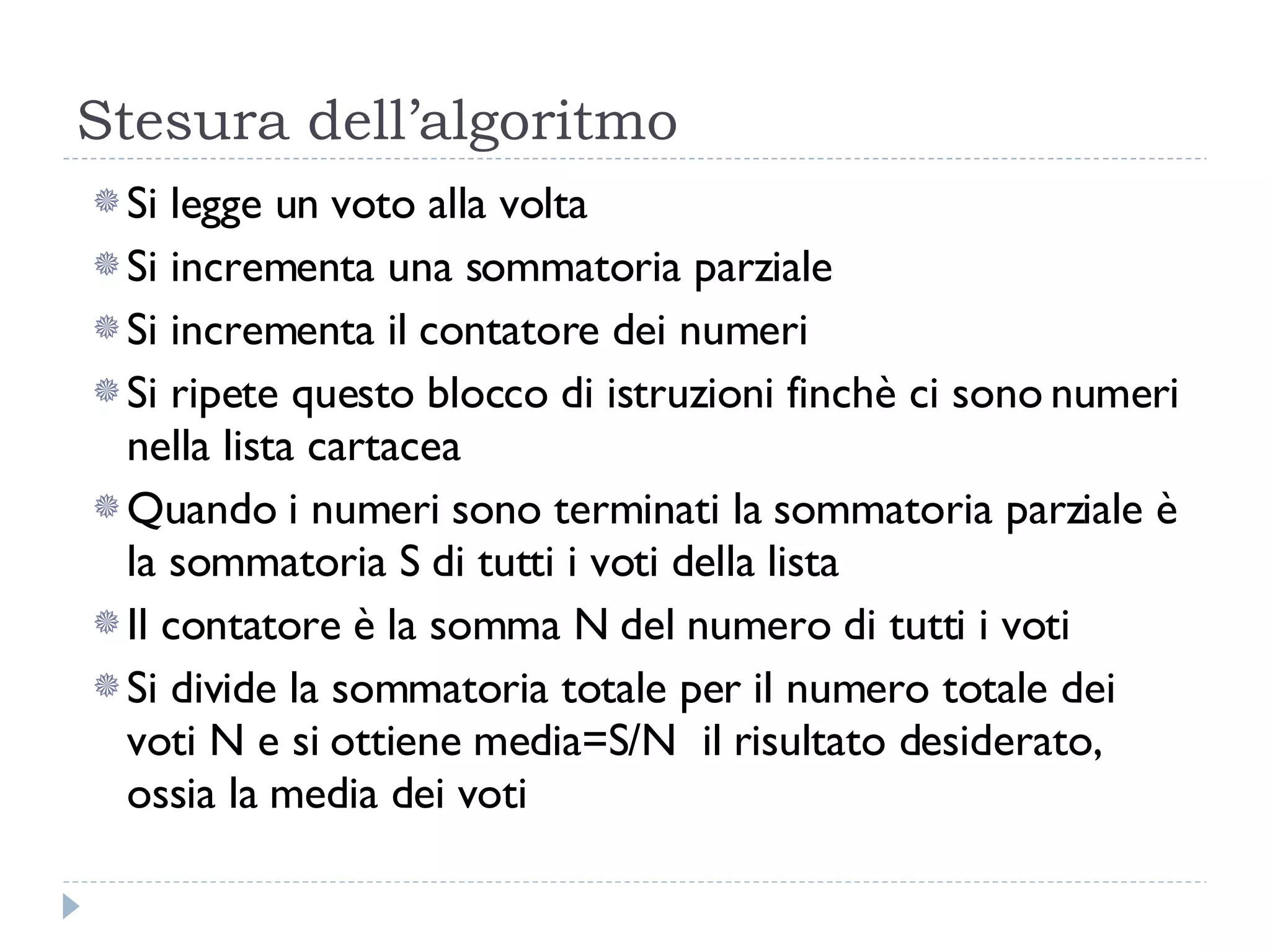 Stesura dell’algoritmo Si legge un voto alla volta Si incrementa una sommatoria parziale Si incrementa il contatore dei numeri Si ripete questo blocco di istruzioni finchè ci sono numeri nella lista cartacea Quando i numeri sono terminati la sommatoria parziale è la sommatoria S di tutti i voti della lista Il contatore è la somma N del numero di tutti i voti  Si divide la sommatoria totale per il numero totale dei voti N e si ottiene media=S/N  il risultato desiderato, ossia la media dei voti 