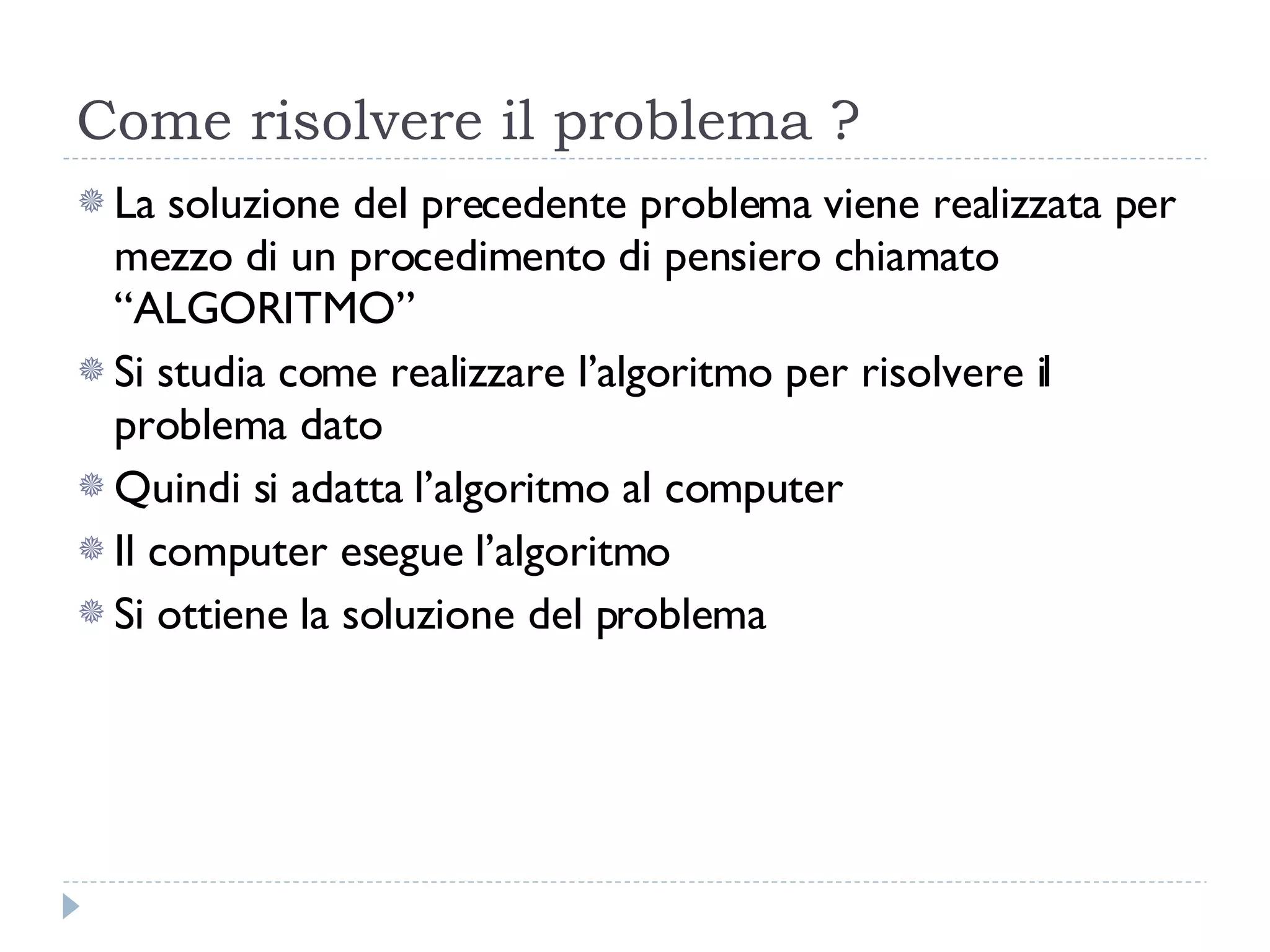 Come risolvere il problema ? La soluzione del precedente problema viene realizzata per mezzo di un procedimento di pensiero chiamato “ALGORITMO” Si studia come realizzare l’algoritmo per risolvere il problema dato Quindi si adatta l’algoritmo al computer Il computer esegue l’algoritmo Si ottiene la soluzione del problema 