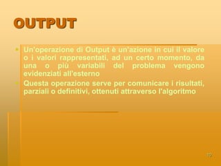 6ALGORITMO - COSTRUZIONEEsaminare una specifica realtà o problema (fase di analisi)Costruirne un’astrazioneRappresentarla (più o meno) formalmente Individuare i dati di input e output e le risorse disponibili Individuare una sequenza di azioni che, eseguite, risolvano il problema nel mondo dell’astrazione