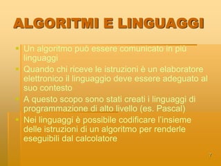 3ALGORITMOSerie di prescrizioni o istruzioni che specifica l’insieme delle azioni da compiere per poter risolvere un problema.In particolare: L'algoritmo non è solamente l'insieme delle regole o dei comportamenti da applicare, ma anche l'esatta sequenza con cui vanno applicati per risolvere il problema a cui ci si riferisce.L’algoritmo deve essere collocato in un contesto (per costruire un algoritmo è necessario sapere cosa sa fare l’esecutore)Un algoritmo è una descrizione completa, univoca e esaustiva di un insieme finito di operazioni elementari, interpretabili e riproducibili da un esecutore, per portare a termine un dato compito e per raggiungere un risultato definitoin un tempo ragionevole. 