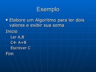 Exemplo Elabore um Algoritmo para ler dois valores e exibir sua soma Inicio Ler A,B C   A+B Escrever C Fim 