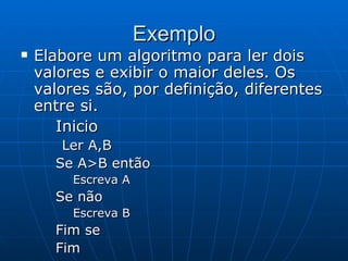 Exemplo Elabore um algoritmo para ler dois valores e exibir o maior deles. Os valores são, por definição, diferentes entre si.   Inicio Ler A,B Se A>B então Escreva A Se não Escreva B Fim se Fim  