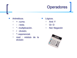 Operadores Aritméticos. + : suma. -  : resta. * : multiplicación. /  : división. ^: exponencial. mod : módulo de la división  Lógicos. And: Y Or: O Not: Negación  