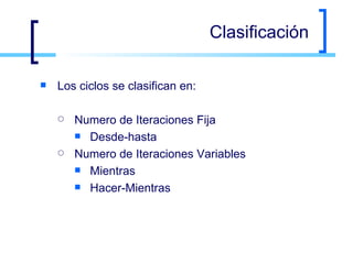 Clasificación Los ciclos se clasifican en: Numero de Iteraciones Fija Desde-hasta Numero de Iteraciones Variables Mientras Hacer-Mientras 
