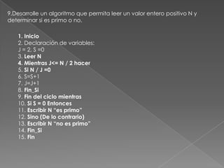 9.Desarrolle un algoritmo que permita leer un valor entero positivo N y determinar si es primo o no.1. Inicio2. Declaración de variables:J = 2, S =03. Leer N4. Mientras J<= N / 2 hacer5. Si N / J =06. S=S+17. J=J+18. Fin_Si9. Fin del ciclo mientras10. Si S = 0 Entonces11. Escribir N “es primo”12. Sino (De lo contrario)13. Escribir N “no es primo”14. Fin_Si15. Fin