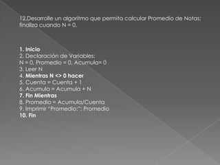 12.Desarrolle un algoritmo que permita calcular Promedio de Notas; finaliza cuando N = 0.1. Inicio2. Declaración de Variables:N = 0, Promedio = 0, Acumula= 03. Leer N4. Mientras N <> 0 hacer5. Cuenta = Cuenta + 16. Acumula = Acumula + N7. Fin Mientras8. Promedio = Acumula/Cuenta9. Imprimir “Promedio:”; Promedio10. Fin