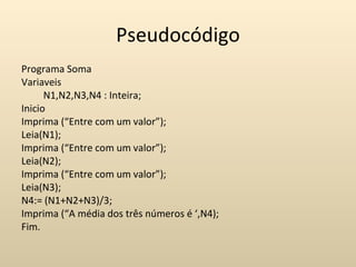Pseudocódigo
Programa Soma
Variaveis
      N1,N2,N3,N4 : Inteira;
Inicio
Imprima (“Entre com um valor”);
Leia(N1);
Imprima (“Entre com um valor”);
Leia(N2);
Imprima (“Entre com um valor”);
Leia(N3);
N4:= (N1+N2+N3)/3;
Imprima (“A média dos três números é ‘,N4);
Fim.
 