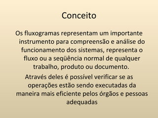 Conceito
Os fluxogramas representam um importante
 instrumento para compreensão e análise do
  funcionamento dos sistemas, representa o
   fluxo ou a seqüência normal de qualquer
       trabalho, produto ou documento.
    Através deles é possível verificar se as
     operações estão sendo executadas da
maneira mais eficiente pelos órgãos e pessoas
                   adequadas
 