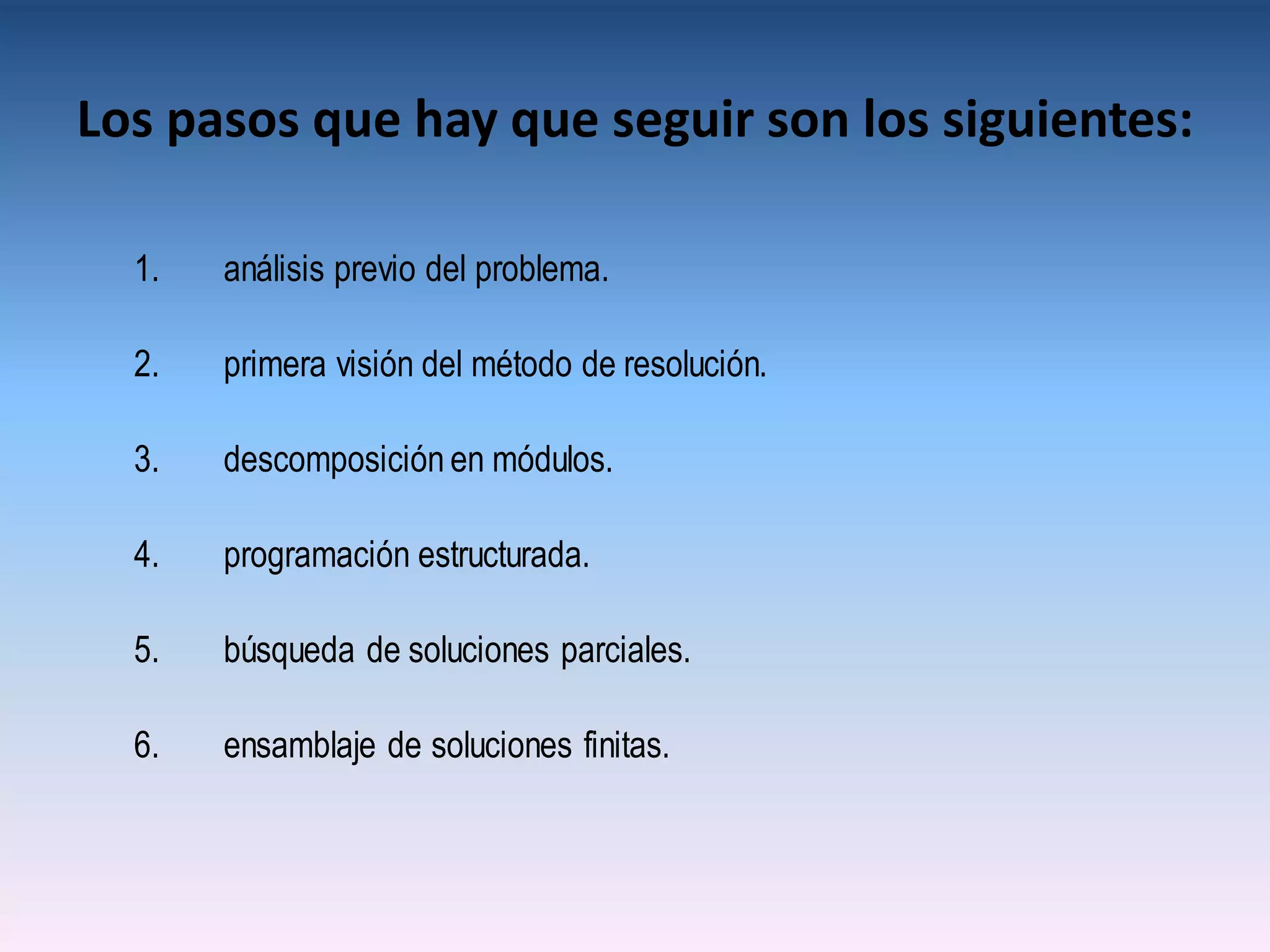 Los pasos que hay que seguir son los siguientes:

  1.   análisis previo del problema.

  2.   primera visión del método de resolución.

  3.   descomposición en módulos.

  4.   programación estructurada.

  5.   búsqueda de soluciones parciales.

  6.   ensamblaje de soluciones finitas.
 
