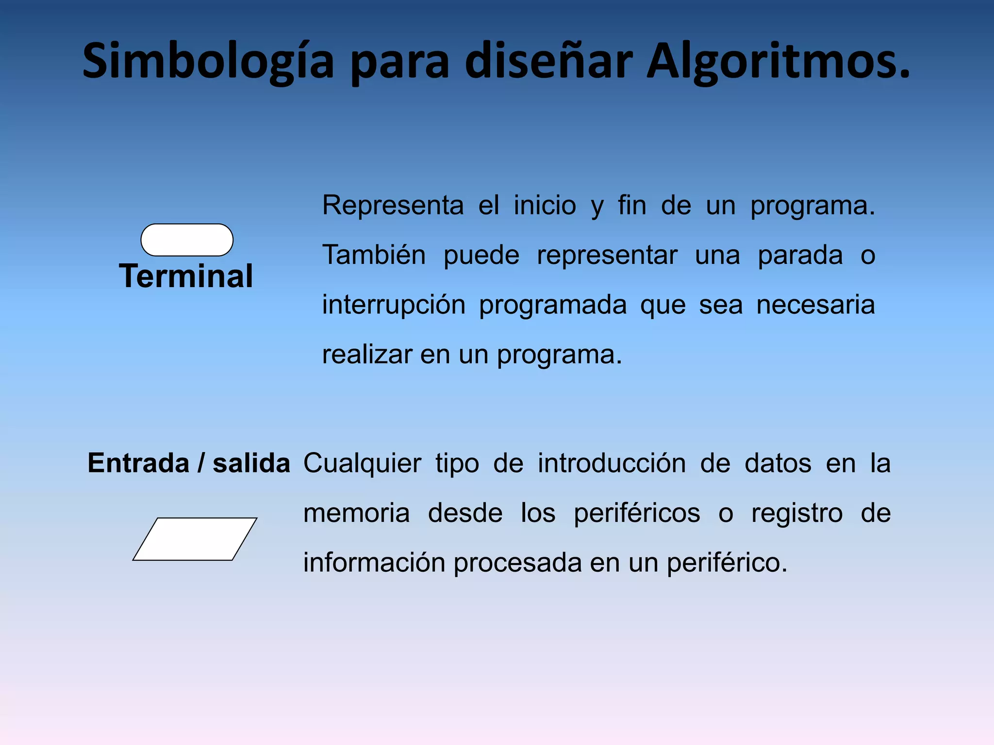 Simbología para diseñar Algoritmos.

                  Representa el inicio y fin de un programa.
                  También puede representar una parada o
  Terminal
                  interrupción programada que sea necesaria
                  realizar en un programa.


Entrada / salida Cualquier tipo de introducción de datos en la
                memoria desde los periféricos o registro de
                información procesada en un periférico.
 