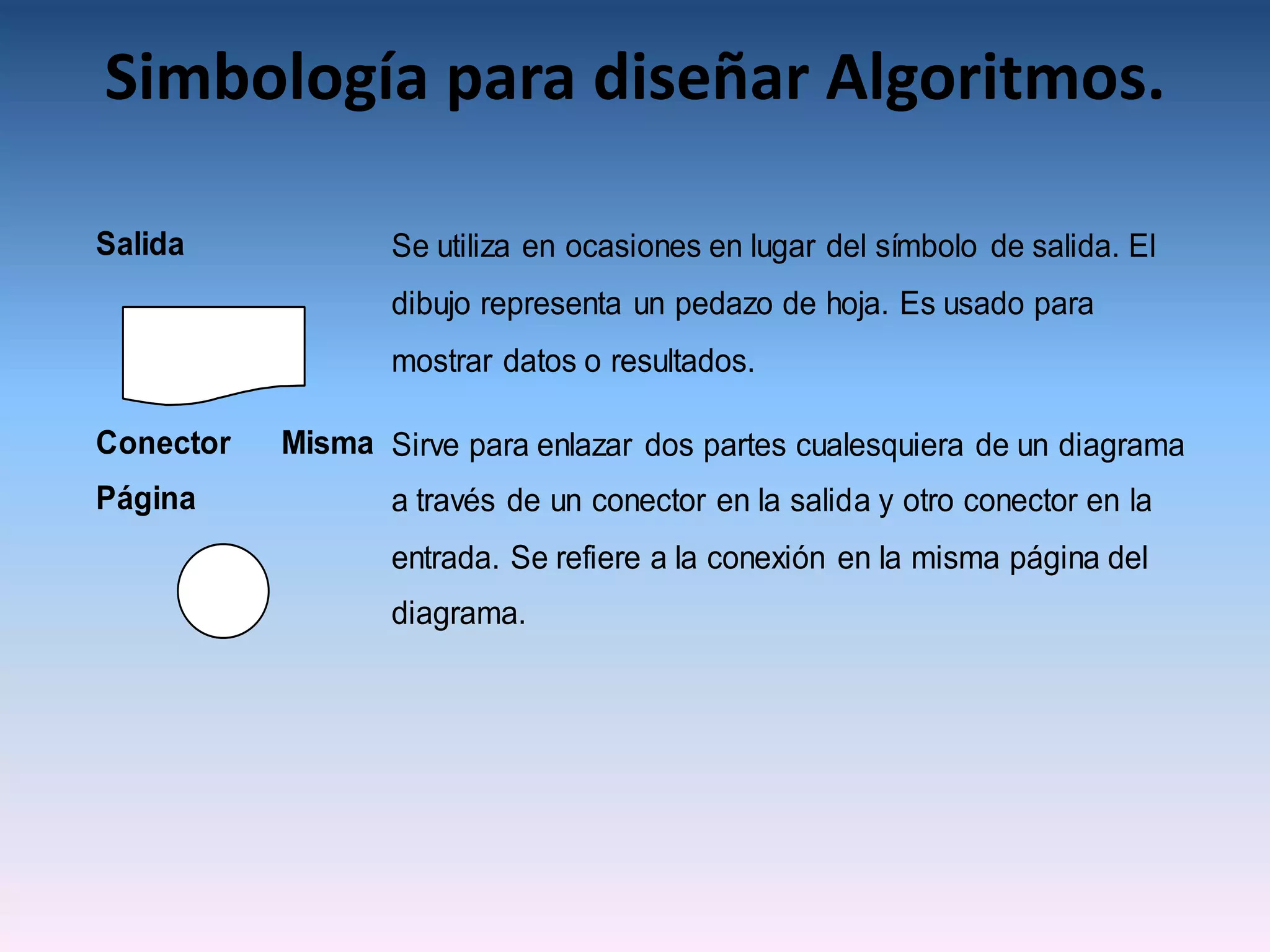 Simbología para diseñar Algoritmos.

Salida            Se utiliza en ocasiones en lugar del símbolo de salida. El
                  dibujo representa un pedazo de hoja. Es usado para
                  mostrar datos o resultados.

Conector   Misma Sirve para enlazar dos partes cualesquiera de un diagrama
Página            a través de un conector en la salida y otro conector en la
                  entrada. Se refiere a la conexión en la misma página del
                  diagrama.
 