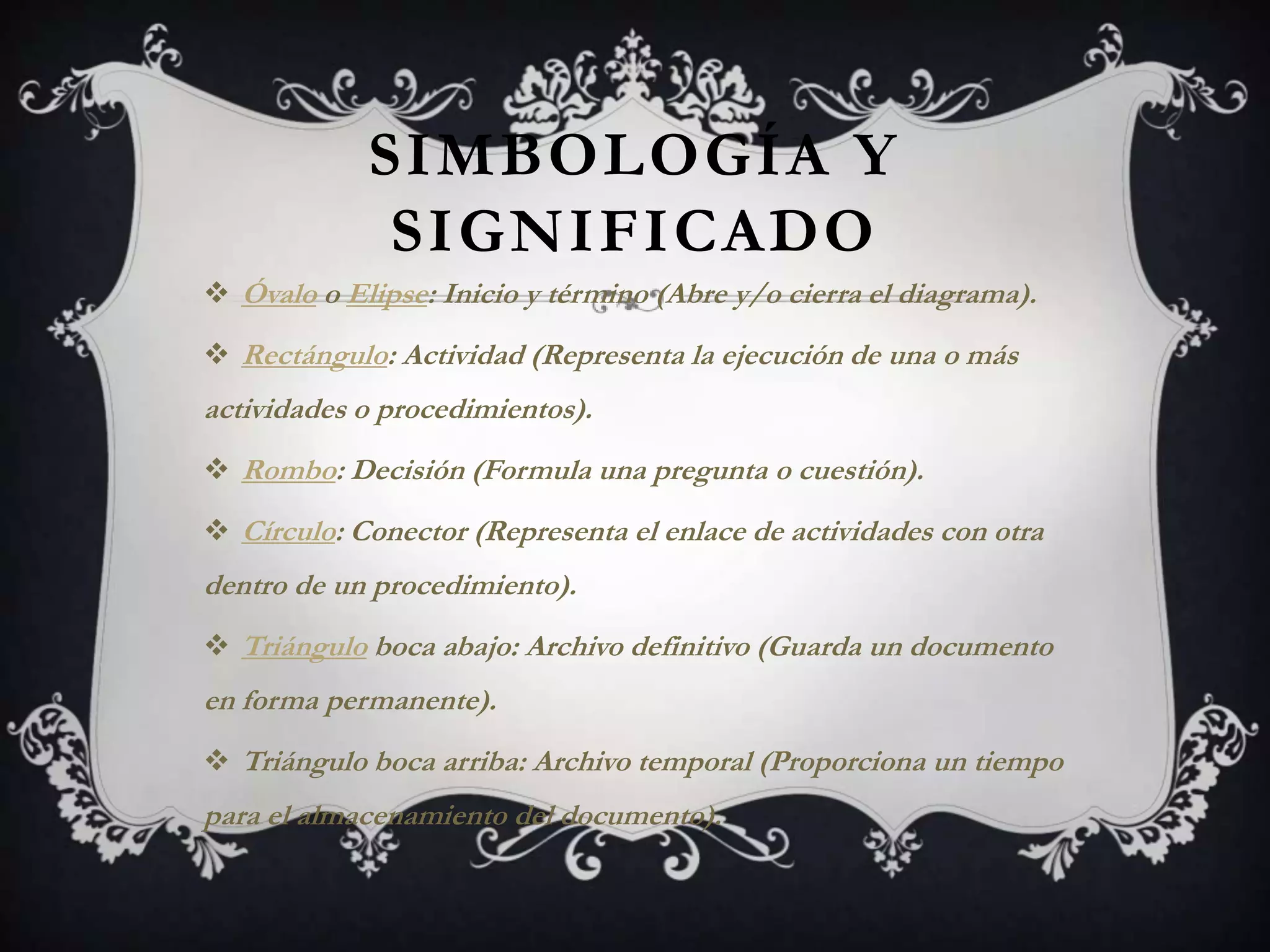 SIMBOLOGÍA Y
             SIGNIFICADO
 Óvalo o Elipse: Inicio y término (Abre y/o cierra el diagrama).

 Rectángulo: Actividad (Representa la ejecución de una o más
actividades o procedimientos).
 Rombo: Decisión (Formula una pregunta o cuestión).

 Círculo: Conector (Representa el enlace de actividades con otra
dentro de un procedimiento).
 Triángulo boca abajo: Archivo definitivo (Guarda un documento
en forma permanente).
 Triángulo boca arriba: Archivo temporal (Proporciona un tiempo
para el almacenamiento del documento).
 