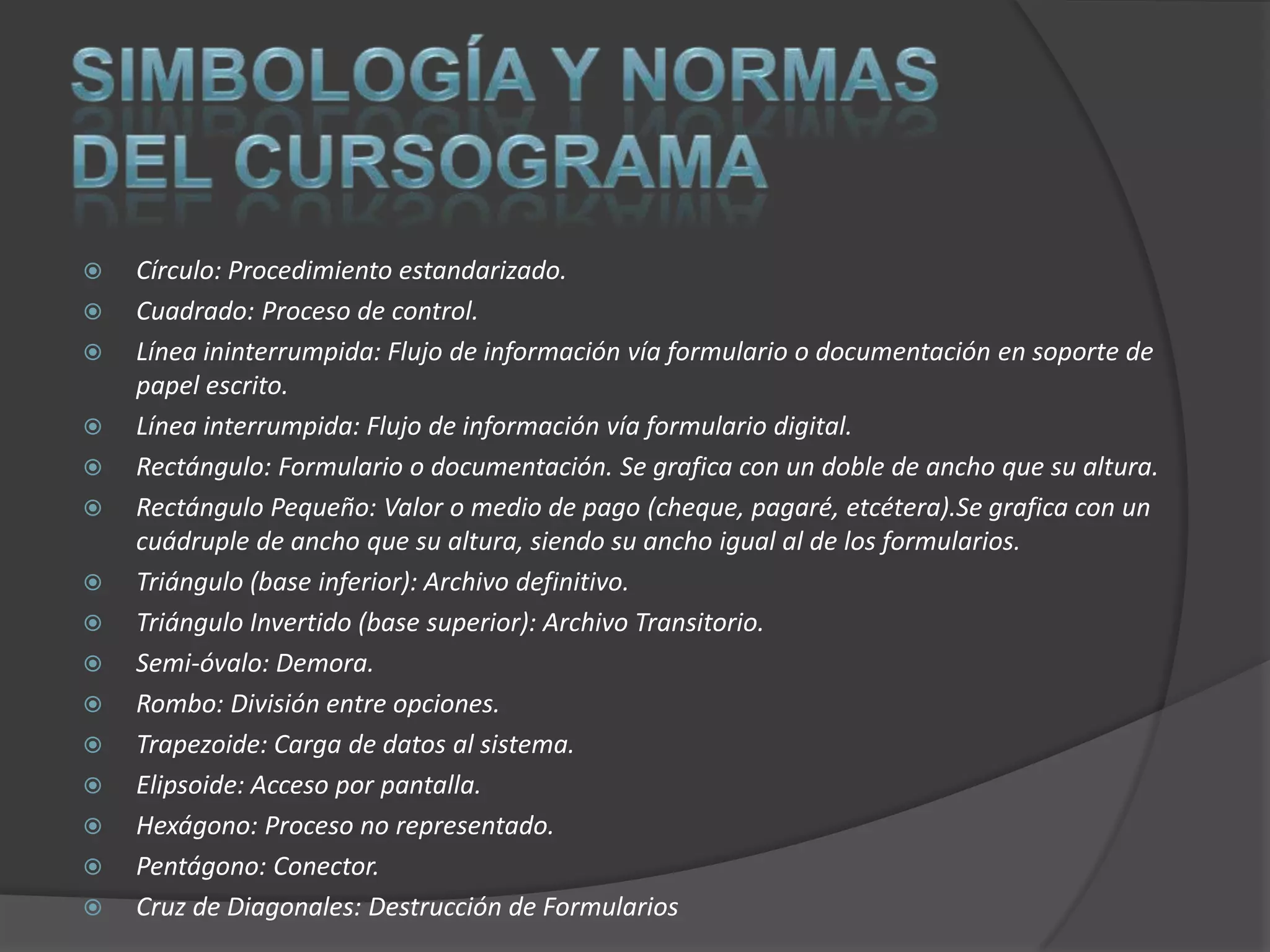    Círculo: Procedimiento estandarizado.
   Cuadrado: Proceso de control.
   Línea ininterrumpida: Flujo de información vía formulario o documentación en soporte de
    papel escrito.
   Línea interrumpida: Flujo de información vía formulario digital.
   Rectángulo: Formulario o documentación. Se grafica con un doble de ancho que su altura.
   Rectángulo Pequeño: Valor o medio de pago (cheque, pagaré, etcétera).Se grafica con un
    cuádruple de ancho que su altura, siendo su ancho igual al de los formularios.
   Triángulo (base inferior): Archivo definitivo.
   Triángulo Invertido (base superior): Archivo Transitorio.
   Semi-óvalo: Demora.
   Rombo: División entre opciones.
   Trapezoide: Carga de datos al sistema.
   Elipsoide: Acceso por pantalla.
   Hexágono: Proceso no representado.
   Pentágono: Conector.
   Cruz de Diagonales: Destrucción de Formularios
 