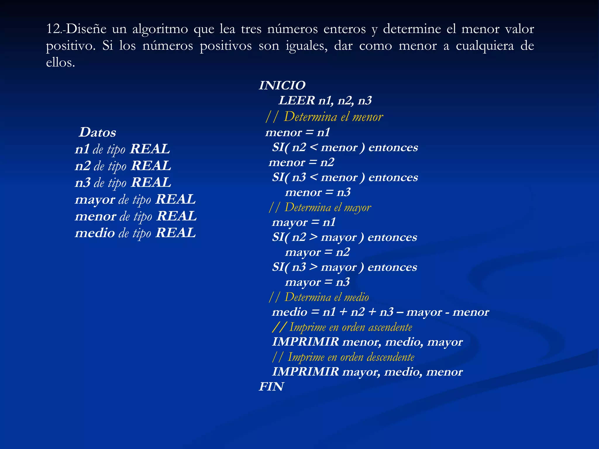 12 .- Diseñe un algoritmo que lea tres números enteros y determine el menor valor positivo. Si los números positivos son iguales, dar como menor a cualquiera de ellos.   INICIO       LEER n1, n2, n3    // Determina el menor menor = n1     SI( n2 < menor ) entonces menor = n2     SI( n3 < menor ) entonces          menor = n3     // Determina el mayor     mayor = n1     SI( n2 > mayor ) entonces          mayor = n2     SI( n3 > mayor ) entonces          mayor = n3     // Determina el medio     medio = n1 + n2 + n3 – mayor - menor      //  Imprime en orden ascendente      IMPRIMIR menor, medio, mayor      // Imprime en orden descendente     IMPRIMIR mayor, medio, menor FIN Datos n1  de tipo  REAL n2  de tipo  REAL  n3  de tipo  REAL  mayor  de tipo  REAL menor  de tipo  REAL medio   de tipo  REAL   