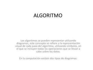 ALGORITMO



     Los algoritmos se pueden representar utilizando
 diagramas, este concepto se refiere a la representación
visual de cada paso del algoritmo, utilizando símbolos, en
 el que se incluyen todas las operaciones que se llevan a
                  cabo sobre los datos.

   En la computación existen dos tipos de diagramas:
 