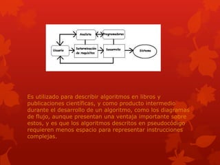 Es utilizado para describir algoritmos en libros y
publicaciones científicas, y como producto intermedio
durante el desarrollo de un algoritmo, como los diagramas
de flujo, aunque presentan una ventaja importante sobre
estos, y es que los algoritmos descritos en pseudocódigo
requieren menos espacio para representar instrucciones
complejas.
 
