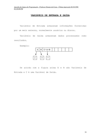 Apostila de Lógica de Programação - Professor Renato da Costa - Última impressão 04/10/1998
03:50:00 PM

VARIÁVEIS DE ENTRADA E SAÍDA

Variáveis de Entrada armazenam informações fornecidas
por um meio externo, normalmente usuários ou discos.
Variáveis

de

Saída

armazenam

dados

processados

como

resultados.
Exemplo:
A

2

B

5

C=A+B

7

De acordo com a figura acima A e B são Variáveis de
Entrada e C é uma Variável de Saída.

34

 