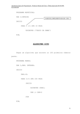 Apostila de Lógica de Programação - Professor Renato da Costa - Última impressão 04/10/1998
03:50:00 PM

PROGRAMA REPETICAO;
VAR I:INTEIRO

VARIÁVEL IMPLEMENTADA DE 1 EM 1

INICIO
PARA I :=1 ATE 10 FACA
ESCREVER (‘VASCO DA GAMA’)
FIM.

ALGORITMO OITO

Segue um algoritmo que escreve os 100 primeiros números
pares.
PROGRAMA PARES;
VAR I,PAR: INTEGER;
INICIO
PAR:=0;
PARA I:=1 ATE 100 FACA
INICIO
ESCREVER (PAR);
PAR := PAR+2
FIM
FIM.

51

 