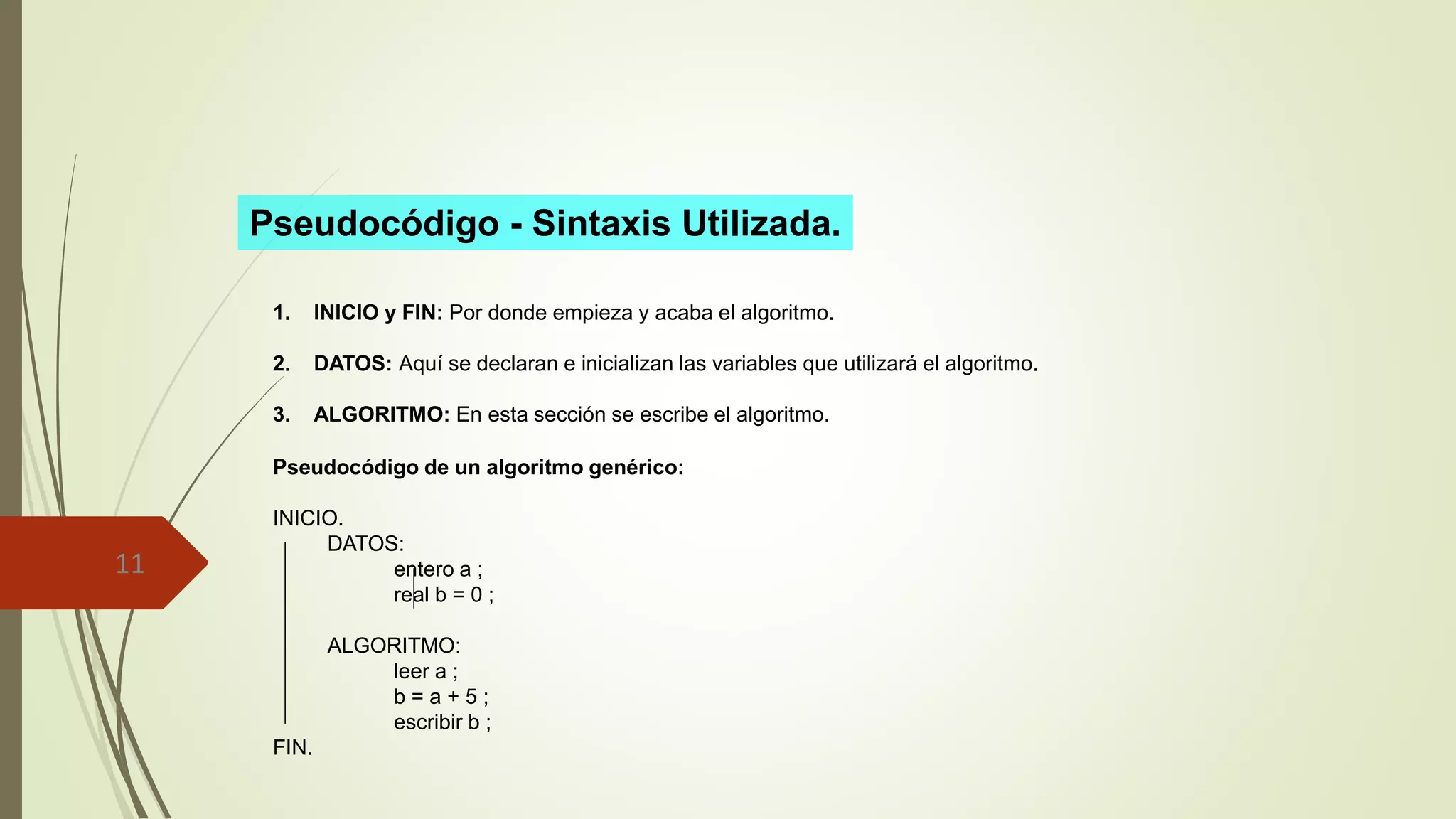 11 
1.INICIOyFIN:Pordondeempiezayacabaelalgoritmo. 
2.DATOS:Aquísedeclaraneinicializanlasvariablesqueutilizaráelalgoritmo. 
3.ALGORITMO:Enestasecciónseescribeelalgoritmo. 
Pseudocódigo -Sintaxis Utilizada. 
Pseudocódigodeunalgoritmogenérico: 
INICIO. 
DATOS: 
enteroa; 
realb=0; 
ALGORITMO: 
leera; 
b=a+5; 
escribirb; 
FIN. 