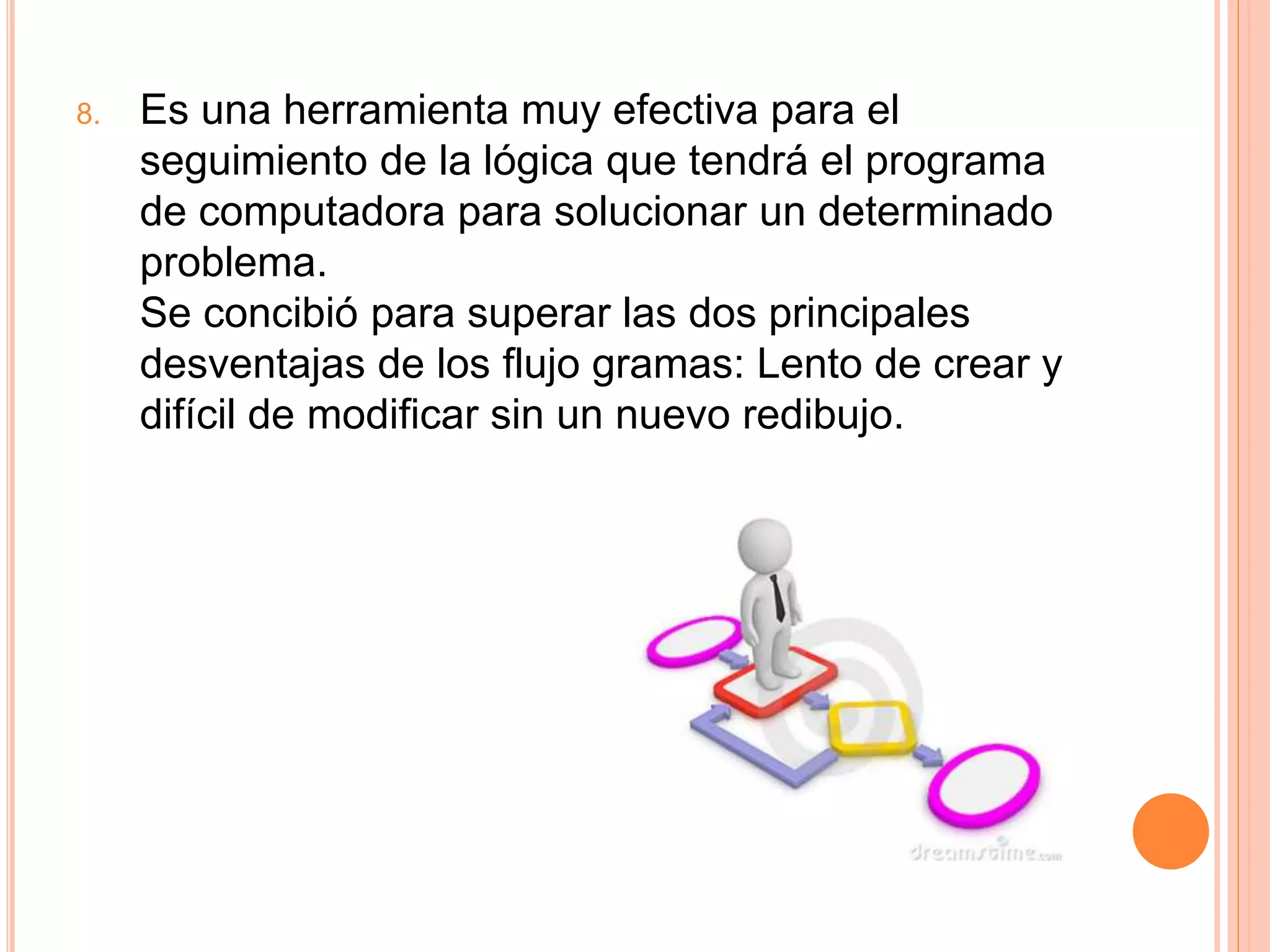 8. Es una herramienta muy efectiva para el
seguimiento de la lógica que tendrá el programa
de computadora para solucionar un determinado
problema.
Se concibió para superar las dos principales
desventajas de los flujo gramas: Lento de crear y
difícil de modificar sin un nuevo redibujo.
 