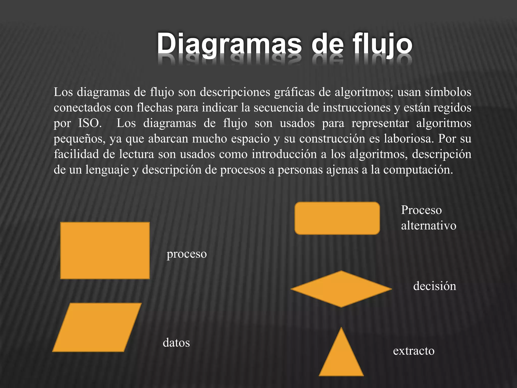 Los diagramas de flujo son descripciones gráficas de algoritmos; usan símbolos
conectados con flechas para indicar la secuencia de instrucciones y están regidos
por ISO. Los diagramas de flujo son usados para representar algoritmos
pequeños, ya que abarcan mucho espacio y su construcción es laboriosa. Por su
facilidad de lectura son usados como introducción a los algoritmos, descripción
de un lenguaje y descripción de procesos a personas ajenas a la computación.
proceso
datos
Proceso
alternativo
decisión
extracto
Diagramas de flujo
 