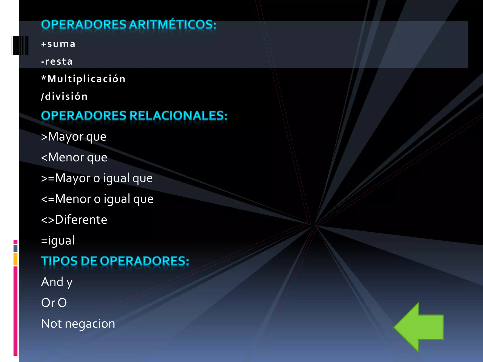 +suma
-resta
*Multiplicación
/división
>Mayor que
<Menor que
>=Mayor o igual que
<=Menor o igual que
<>Diferente
=igual
And y
Or O
Not negacion
 