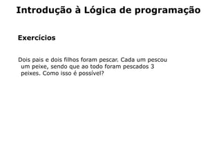 Introdução à Lógica de programação


Exercícios


Dois pais e dois filhos foram pescar. Cada um pescou
 um peixe, sendo que ao todo foram pescados 3
 peixes. Como isso é possível?
 