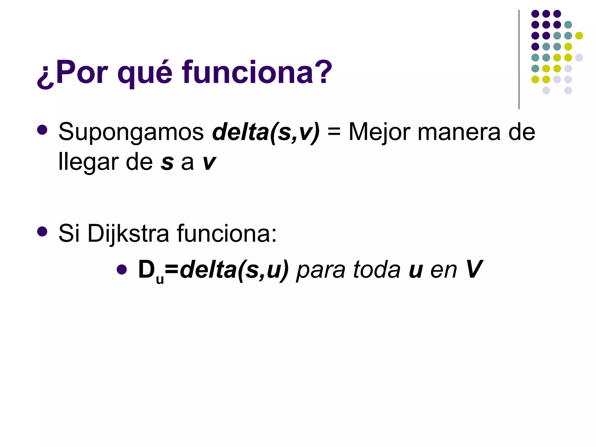 ¿Por qué funciona? Supongamos  delta(s,v)  = Mejor manera de llegar de  s   a  v Si Dijkstra funciona: D u = delta(s,u)  para toda  u  en  V 