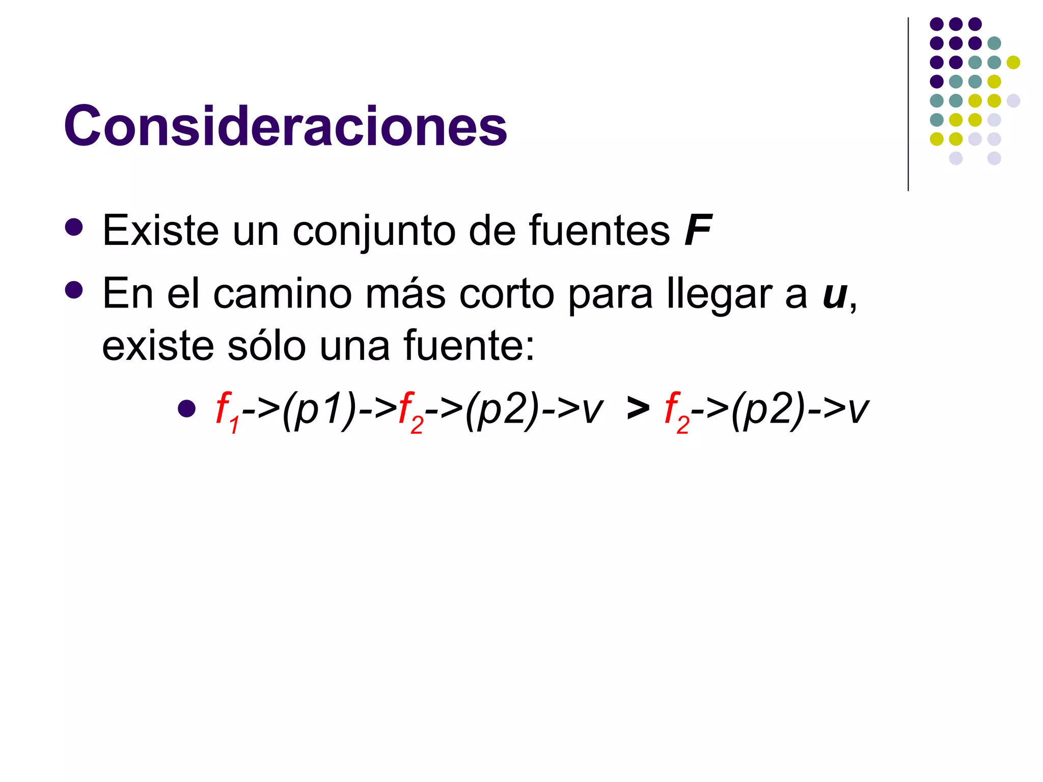 Consideraciones Existe un conjunto de fuentes  F En el camino más corto para llegar a  u , existe sólo una fuente: f 1 ->(p1)-> f 2 ->(p2)->v   >   f 2 ->(p2)->v 