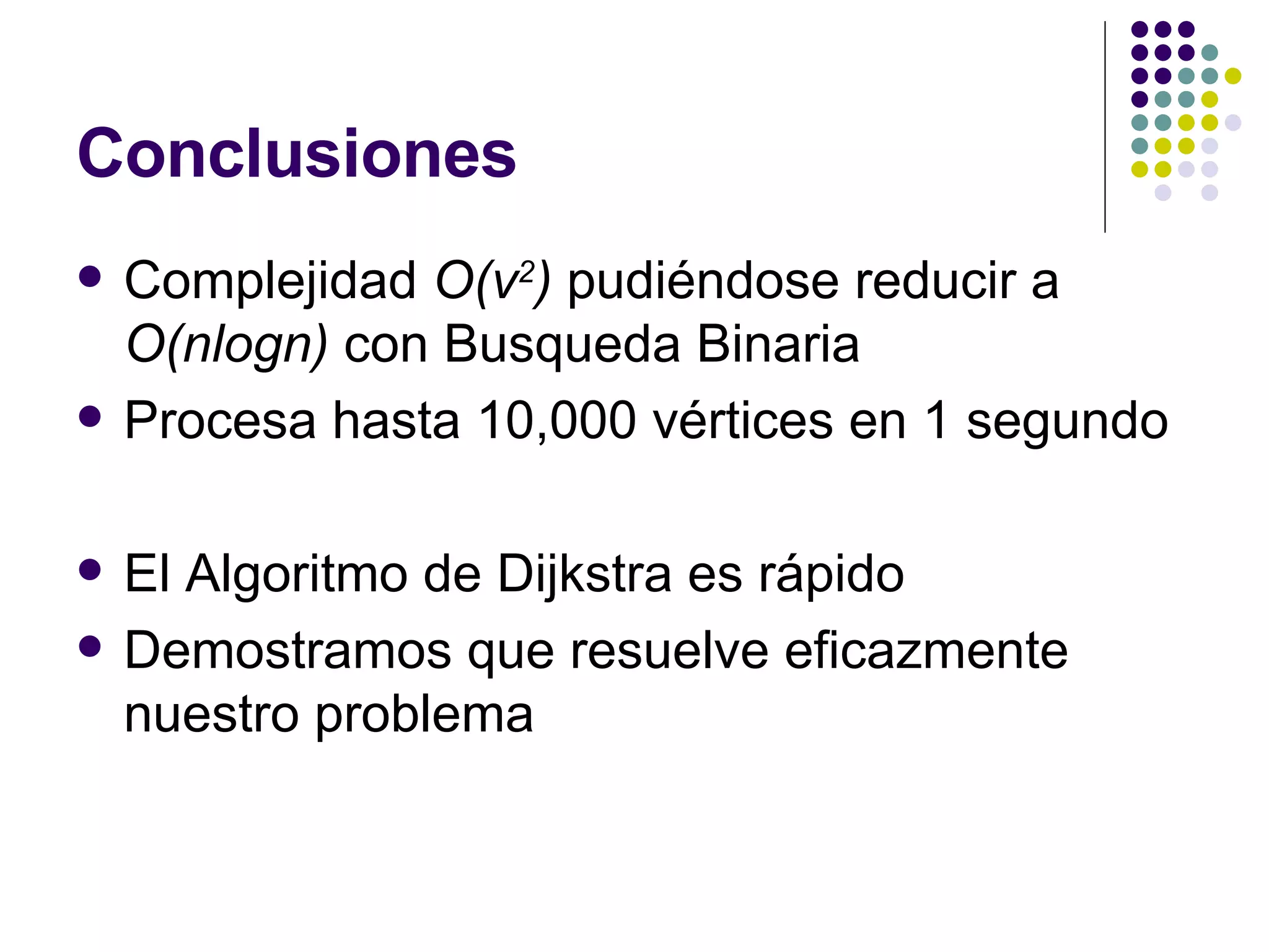 Conclusiones Complejidad  O(v 2 )  pudiéndose reducir a  O(nlogn)  con Busqueda Binaria Procesa hasta 10,000 vértices en 1 segundo El Algoritmo de Dijkstra es rápido Demostramos que resuelve eficazmente nuestro problema 