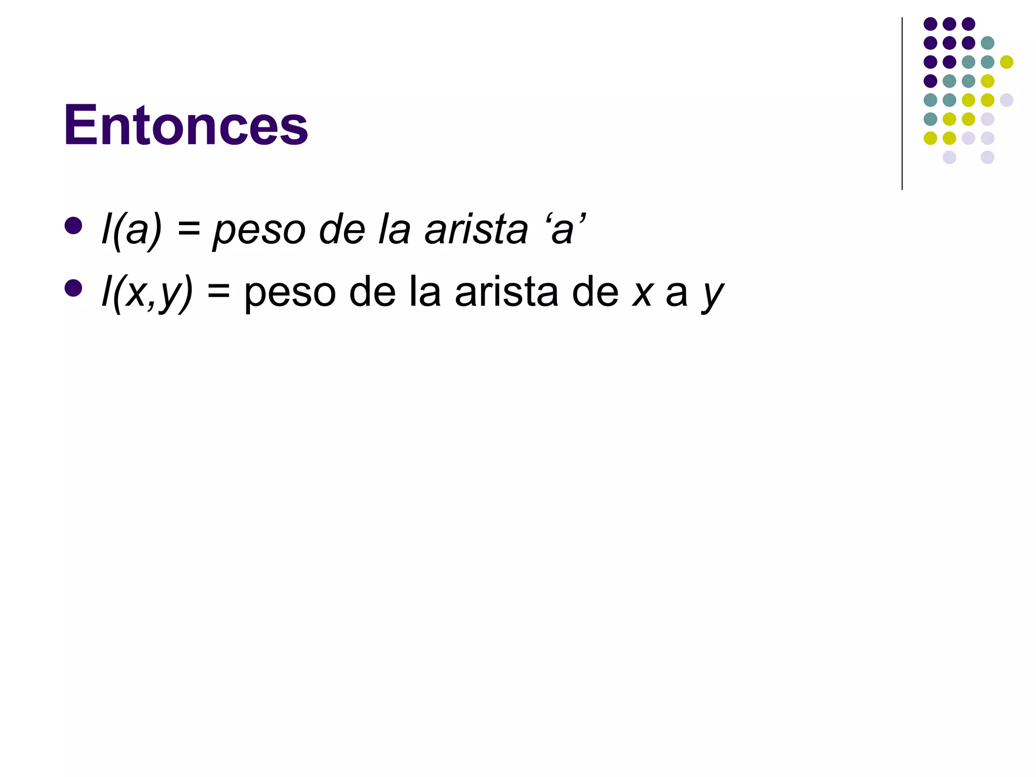 Entonces l(a) = peso de la arista ‘a’ l(x,y)  = peso de la arista de  x  a  y 