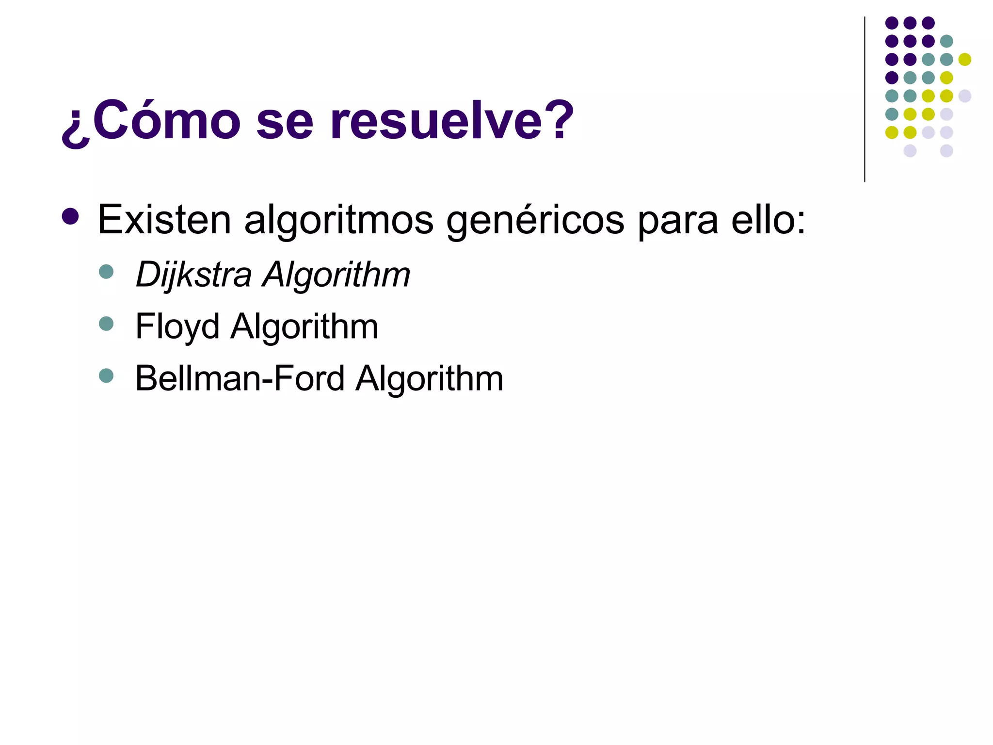 ¿Cómo se resuelve? Existen algoritmos genéricos para ello: Dijkstra Algorithm  Floyd Algorithm Bellman-Ford Algorithm 