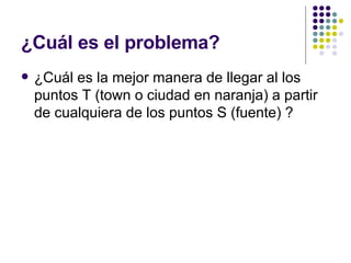 ¿Cuál es el problema? ¿Cuál es la mejor manera de llegar al los puntos T (town o ciudad en naranja) a partir de cualquiera de los puntos S (fuente) ? 