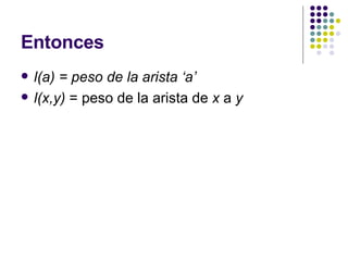 Entonces l(a) = peso de la arista ‘a’ l(x,y)  = peso de la arista de  x  a  y 