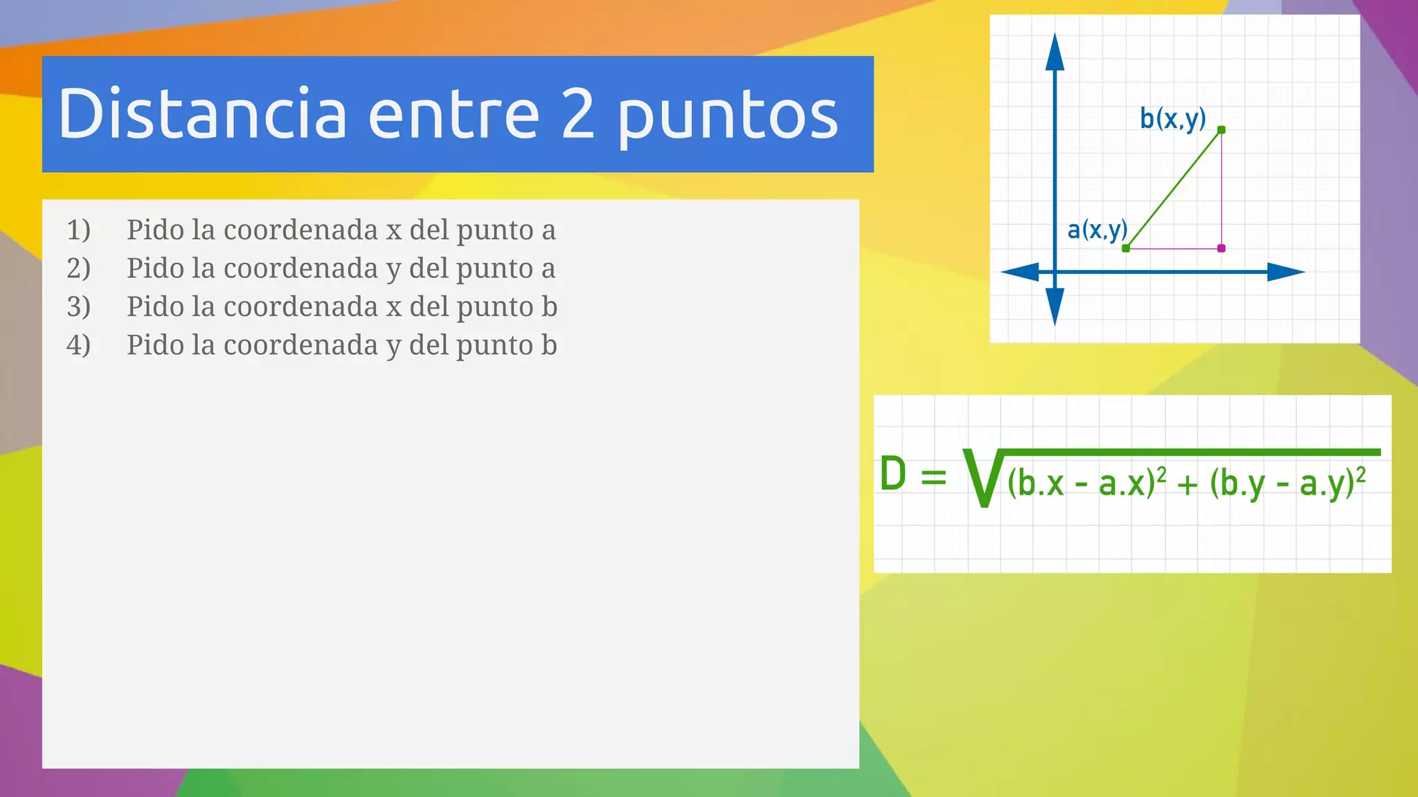 Distancia entre 2 puntos
1) Pido la coordenada x del punto a
2) Pido la coordenada y del punto a
3) Pido la coordenada x del punto b
4) Pido la coordenada y del punto b
 