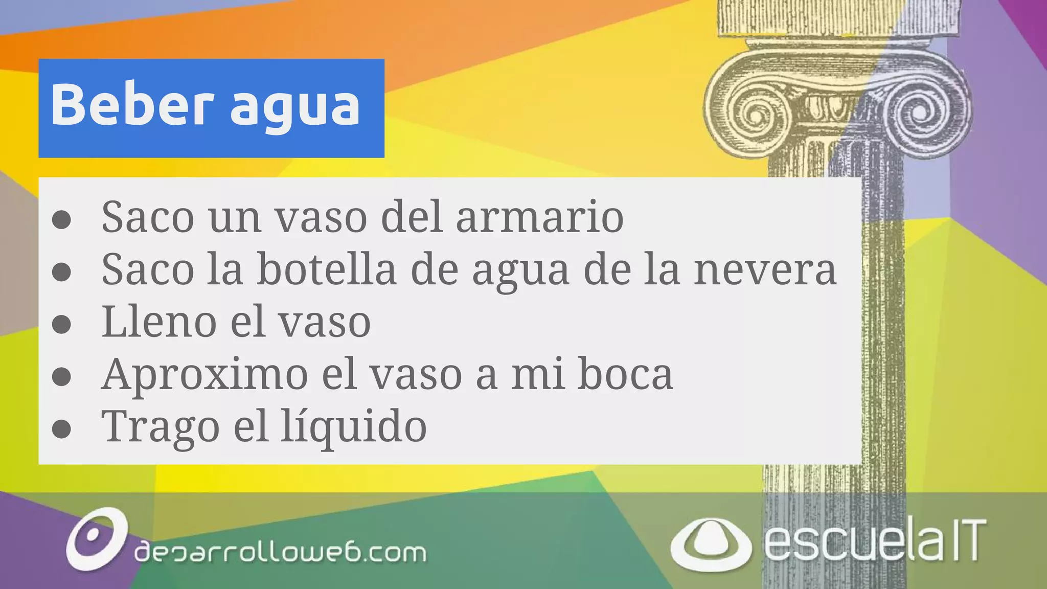 Beber agua
● Saco un vaso del armario
● Saco la botella de agua de la nevera
● Lleno el vaso
● Aproximo el vaso a mi boca
● Trago el líquido
 