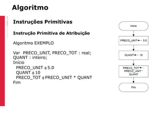 Algoritmo
Instruções Primitivas
Instrução Primitiva de Atribuição
Algoritmo EXEMPLO
Var PRECO_UNIT, PRECO_TOT : real;
QUAN...