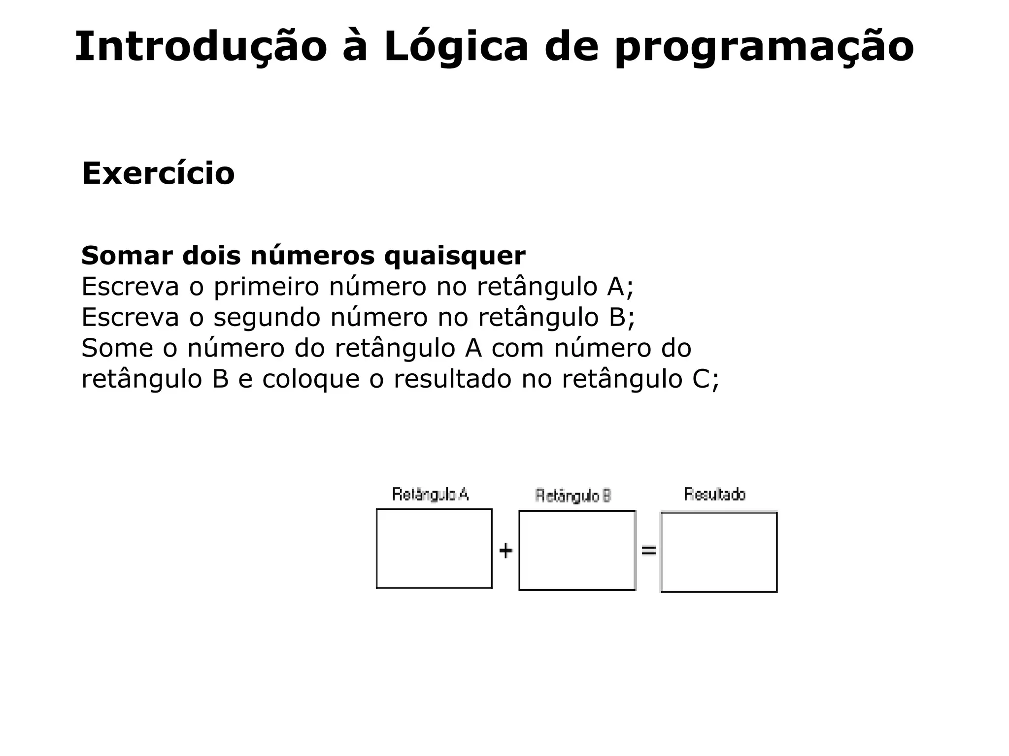 Introdução à Lógica de programação
Exercício
Somar dois números quaisquer
Escreva o primeiro número no retângulo A;
Escreva o segundo número no retângulo B;
Some o número do retângulo A com número do
retângulo B e coloque o resultado no retângulo C;
 